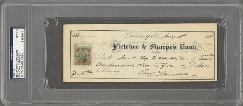 1875 Benjamin Harrison Signed And Encapsulated Check (PSA/DNA MINT 9)